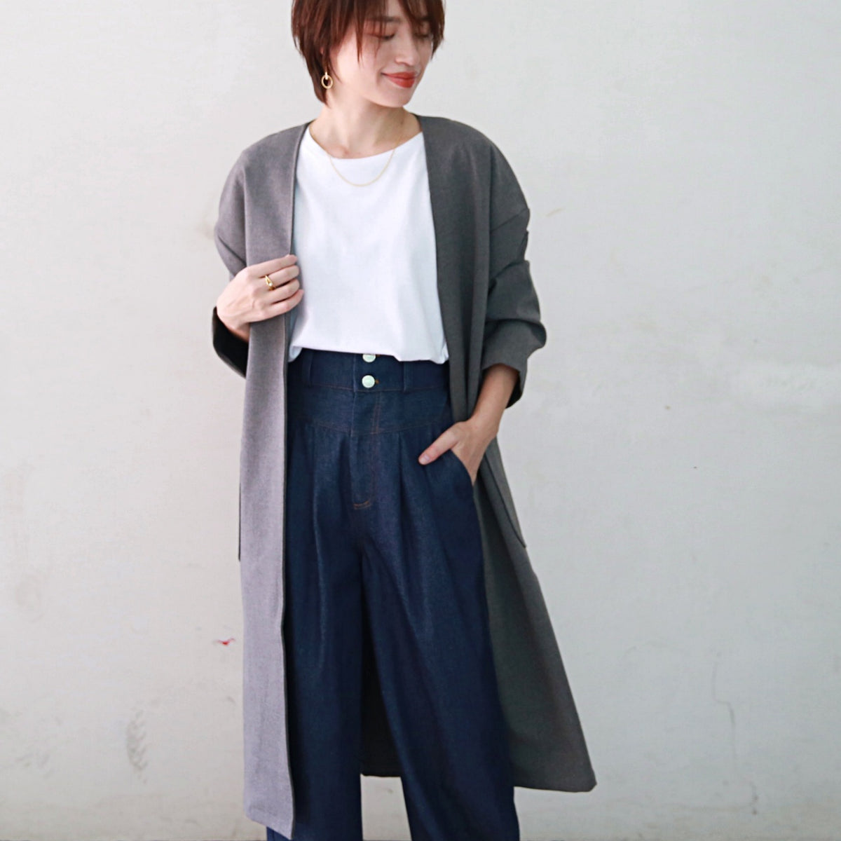 【15,000円→7,500円】ノーカラー ドロップショルダー ツイル コート ベージュ 0241BE