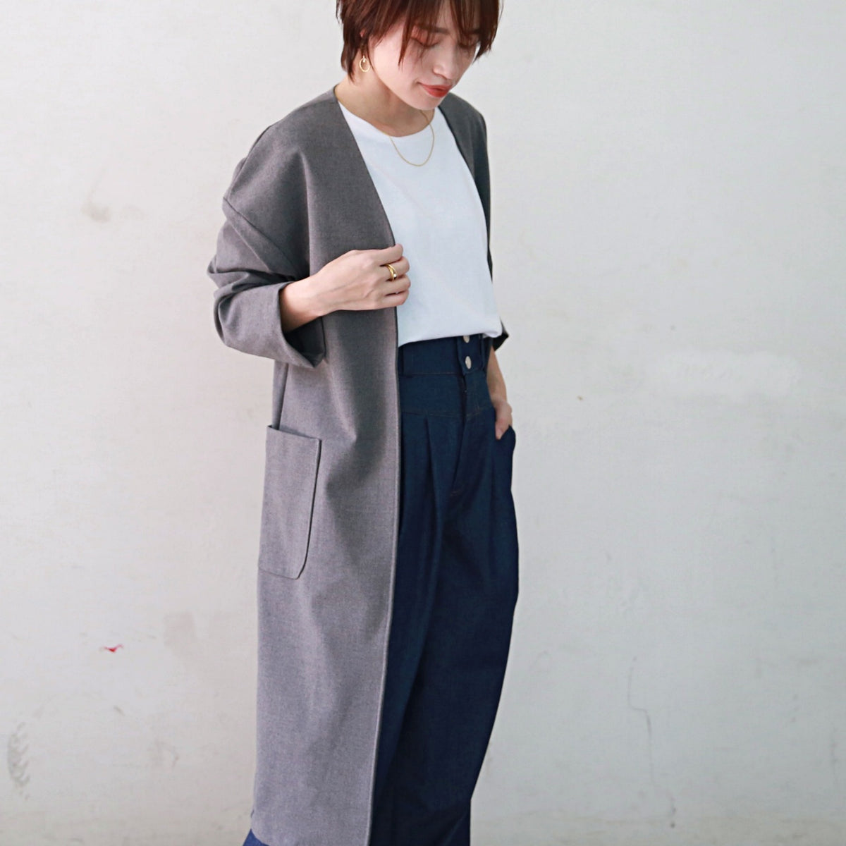 【15,000円→7,500円】ノーカラー ドロップショルダー ツイル コート ベージュ 0241BE