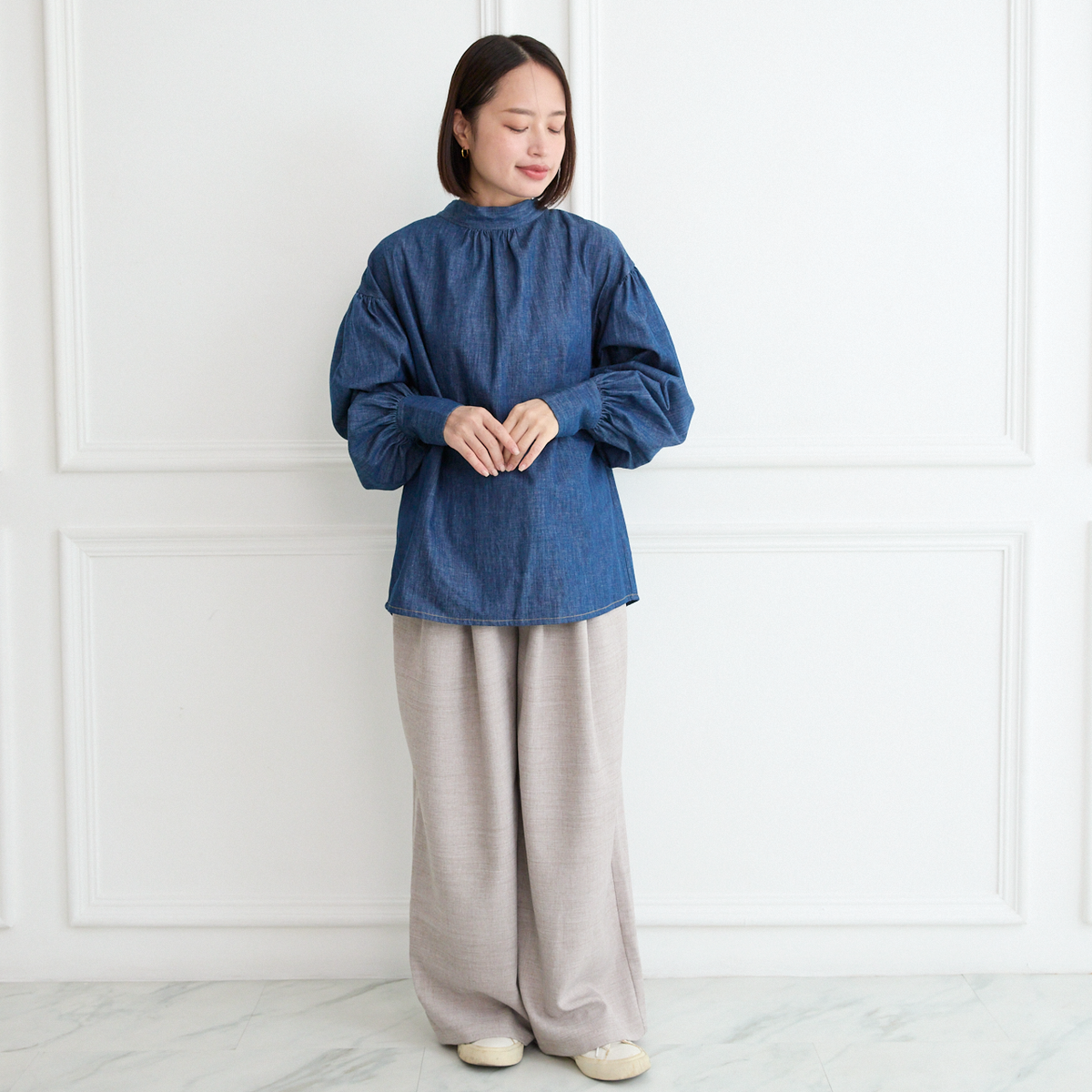 【15,800円→7,900円】前後2Way 大人のシャンブレーボウタイ ブラウス インディゴ 0757BL