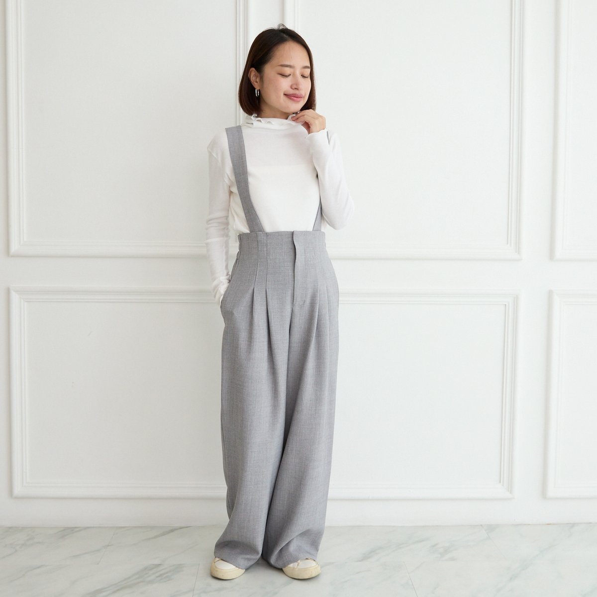 【3サイズ】着回し抜群 肩紐を取り外せる 2Way 大人女子なハイウエストサロペット グレー 0634Grey