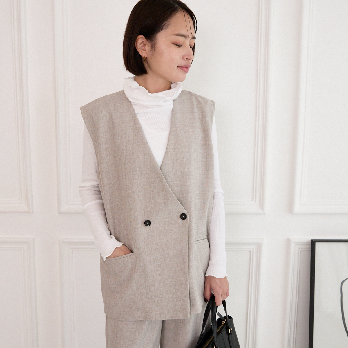 【バックスリットジレ&パンツ セット】サラサラ素材✨シワになりにくい バックスリットジレと美脚パンツ セット ベージュ