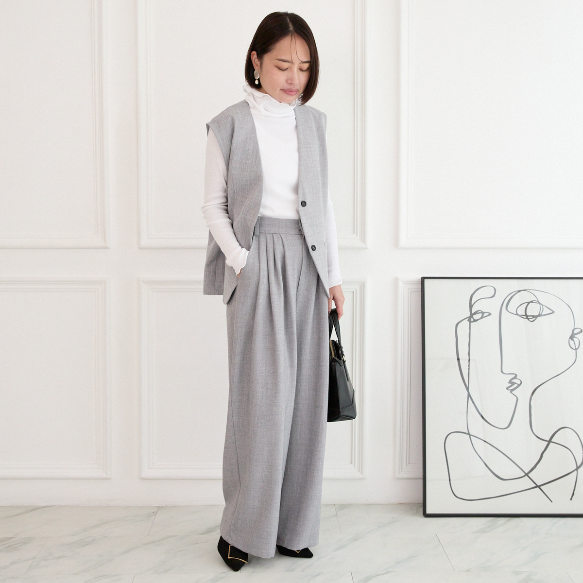 美シルエット✨ 体型カバー効果 サラサラ素材 ジレ グレー 0746Grey