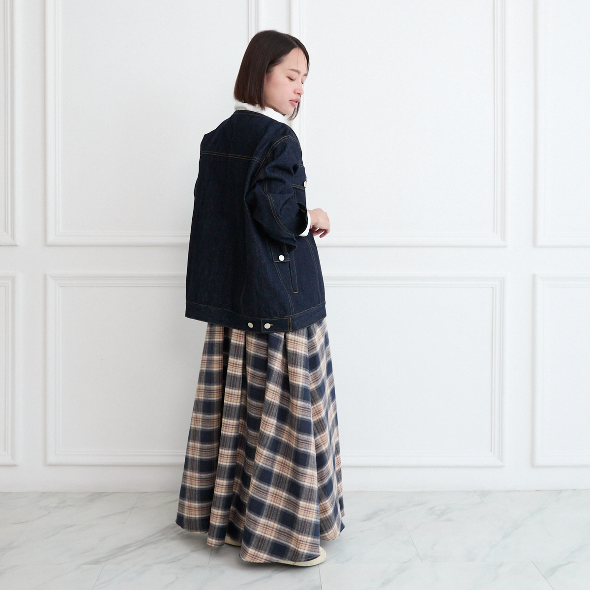 【丈調整できる🧵✨】春まで◎肌触りの良いチェック柄 ウエストゴム フレアスカート ネイビー 0786NV