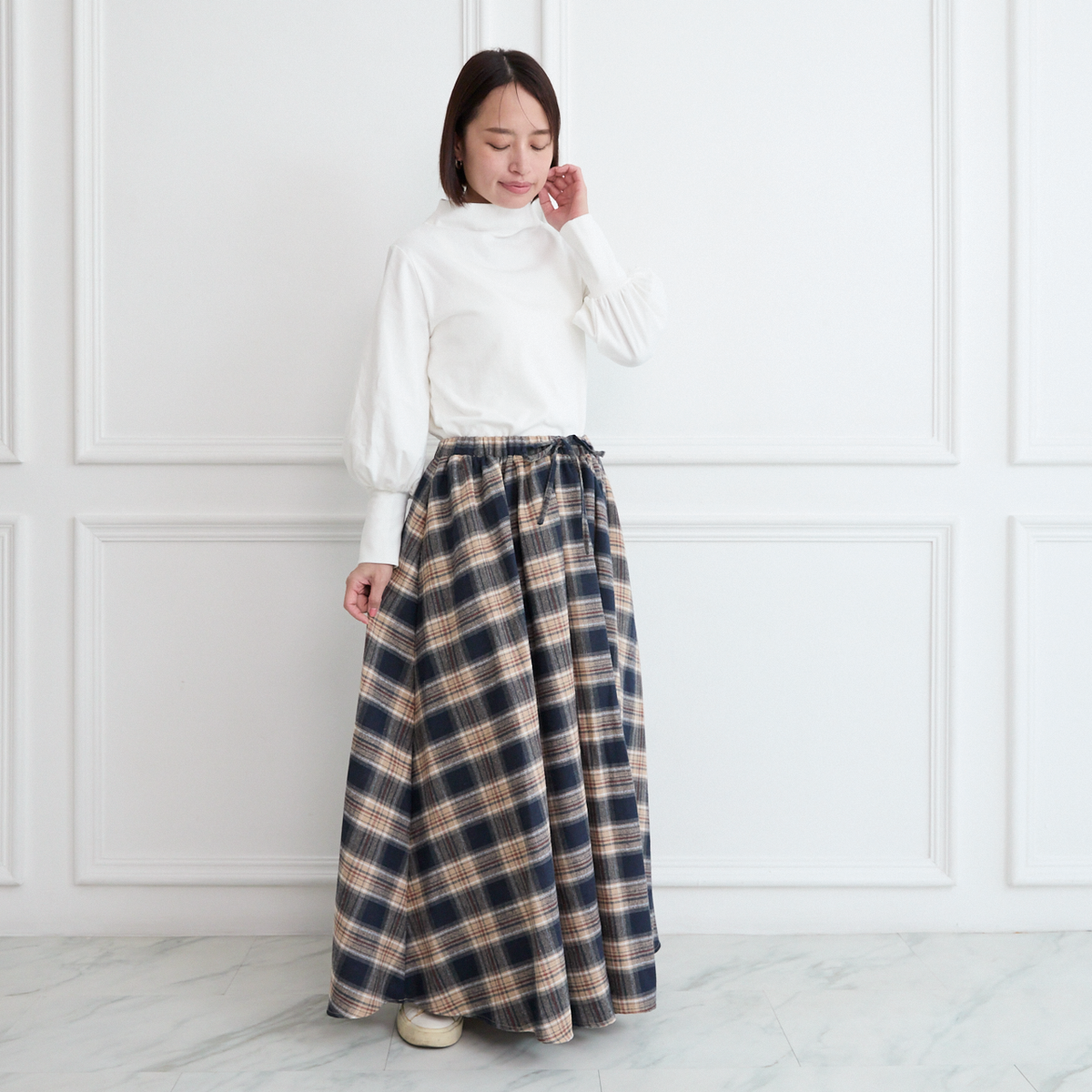 【丈調整できる🧵✨】春まで◎肌触りの良いチェック柄 ウエストゴム フレアスカート ネイビー 0786NV