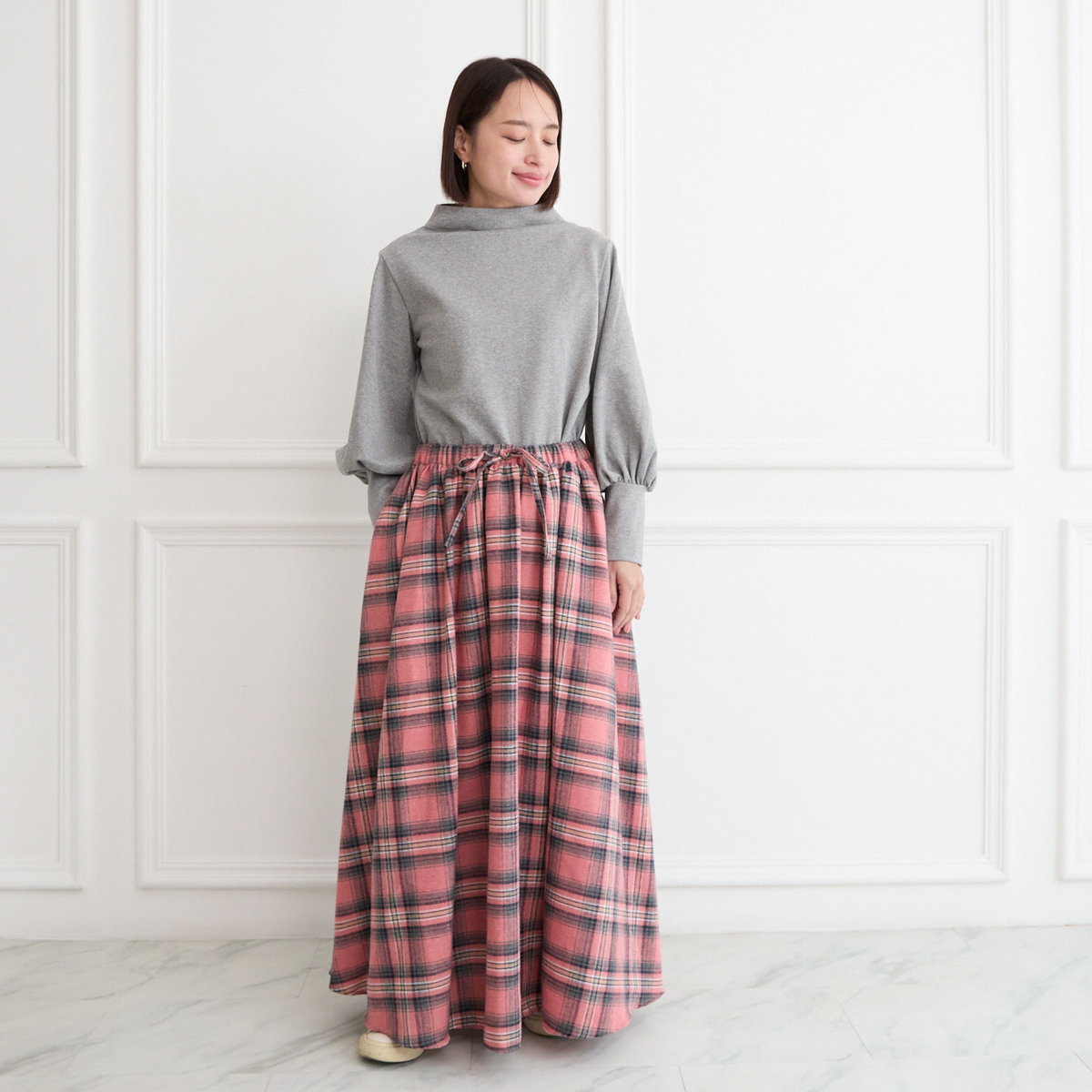 【丈調整できる🧵✨】春まで◎肌触りの良いチェック柄 ウエストゴム フレアスカート ピンク 0786PK
