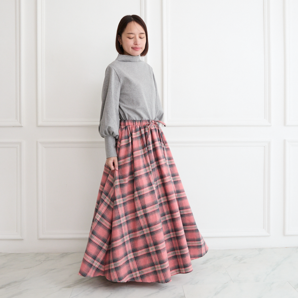 【丈調整できる🧵✨】春まで◎肌触りの良いチェック柄 ウエストゴム フレアスカート ピンク 0786PK