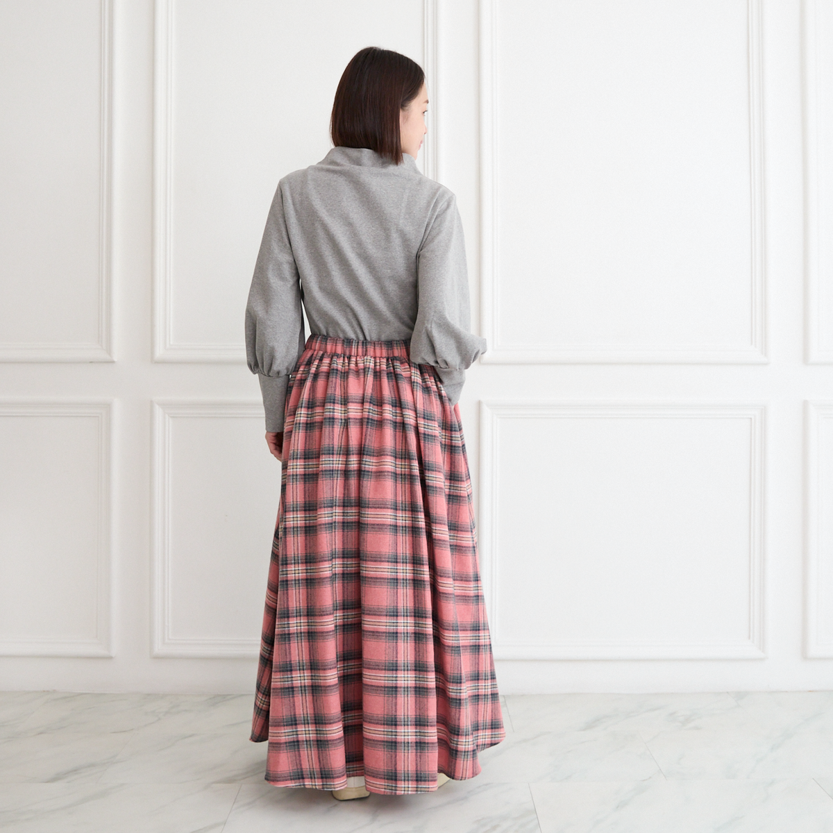 【丈調整できる🧵✨】春まで◎肌触りの良いチェック柄 ウエストゴム フレアスカート ピンク 0786PK