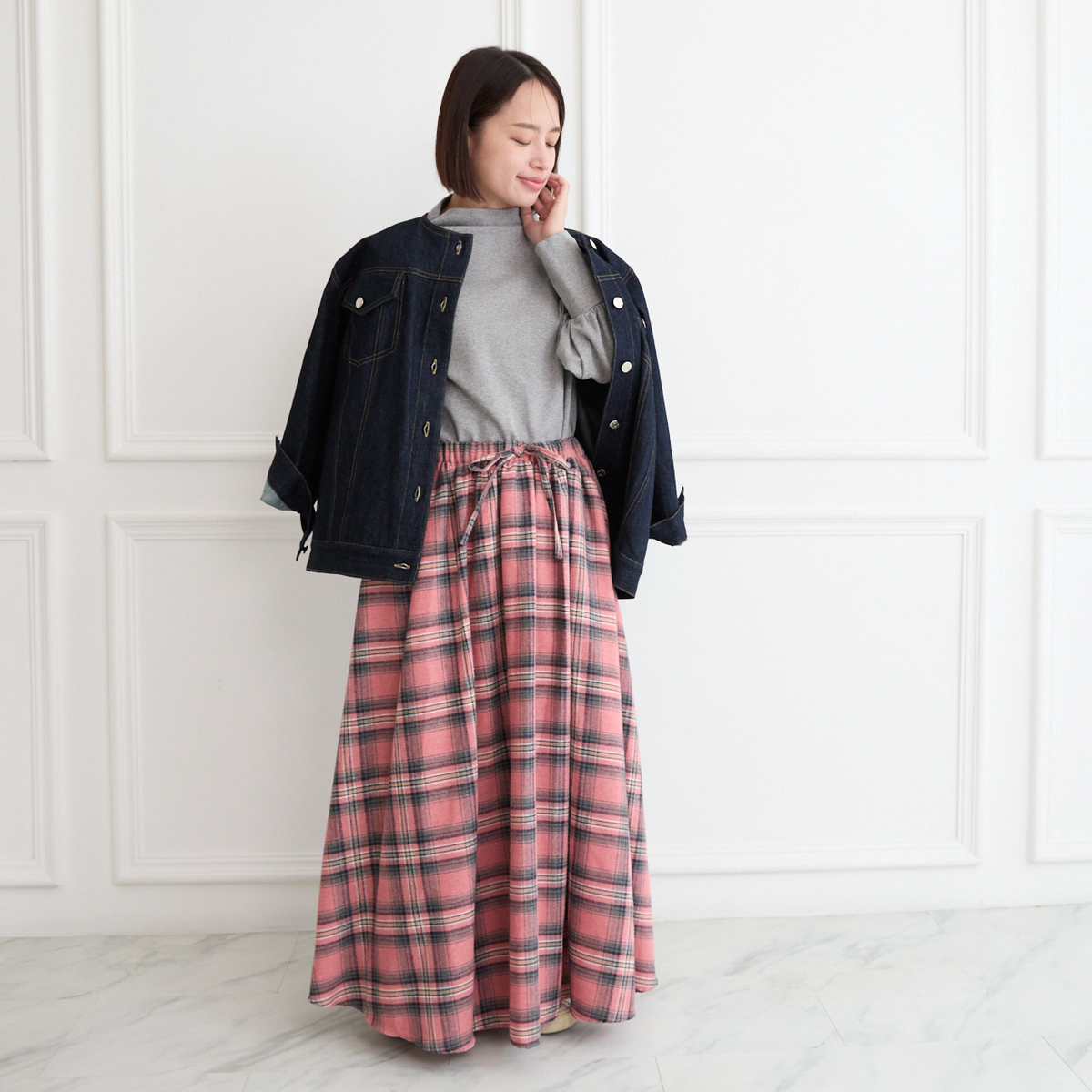 【丈調整できる🧵✨】春まで◎肌触りの良いチェック柄 ウエストゴム フレアスカート ピンク 0786PK