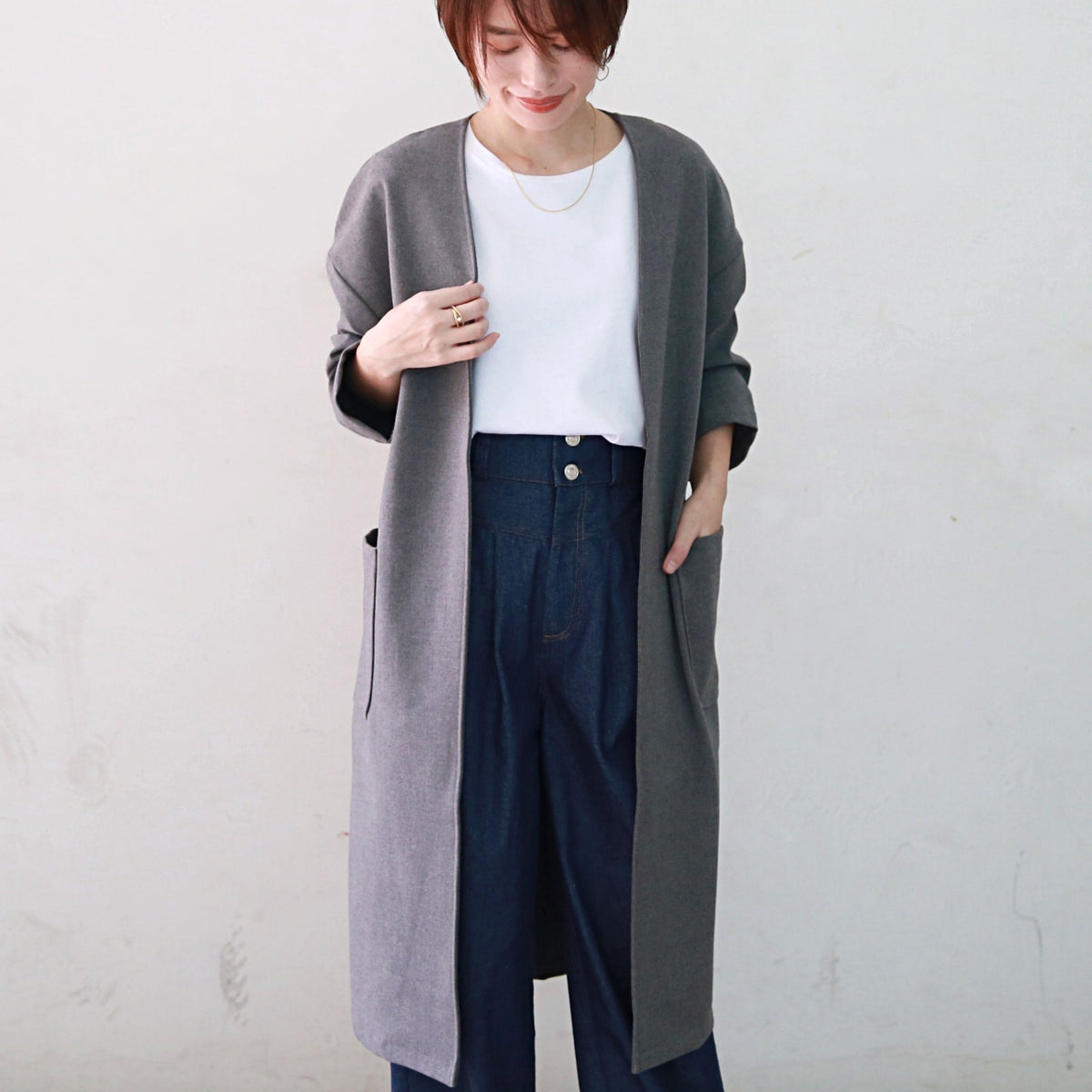 【15,000円→7,500円】ノーカラー ドロップショルダー ツイル コート　ベージュ　0241BE