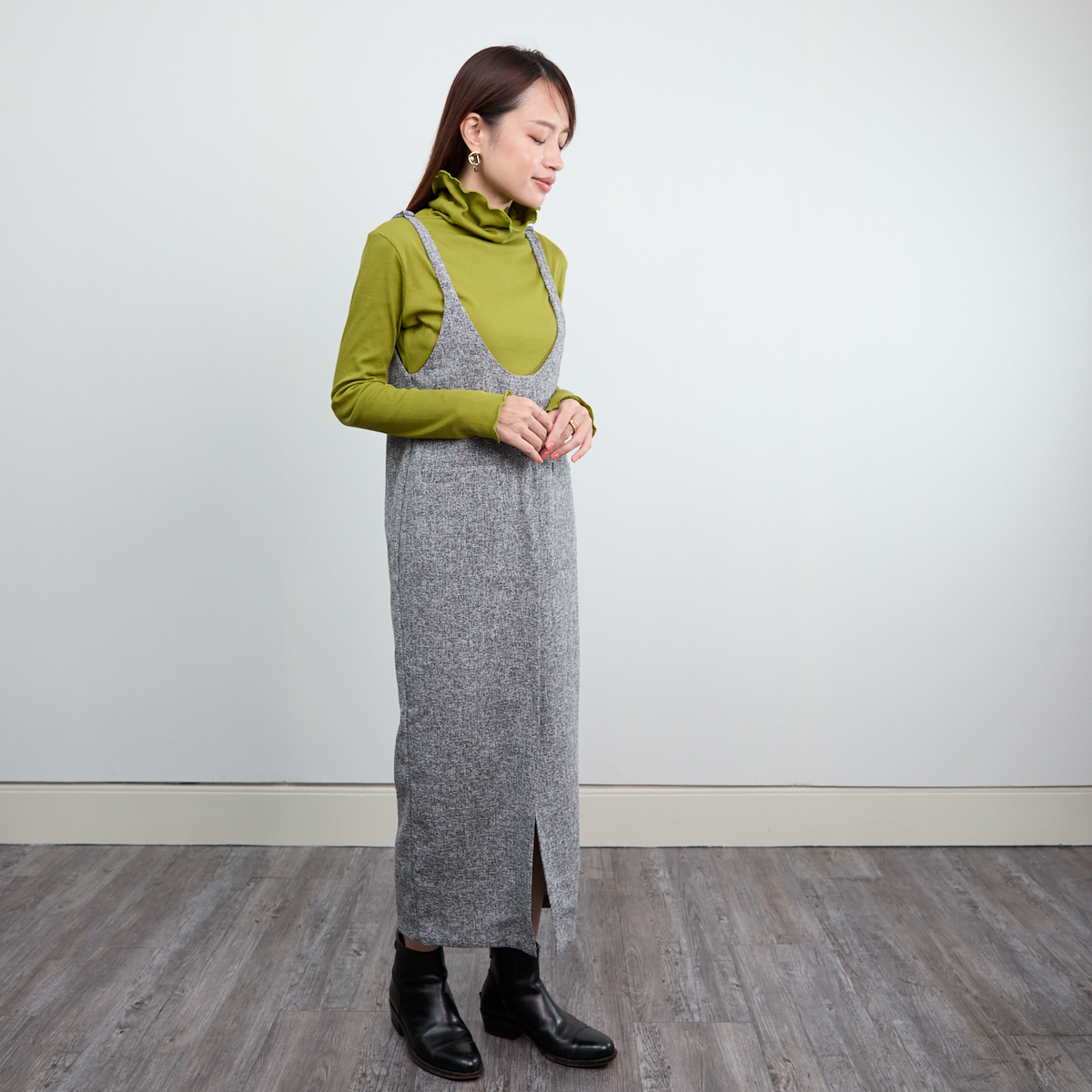 【13,000円→6,500円】ツイード風 前スリット ワンピース Sサイズ　グレー　0549Grey