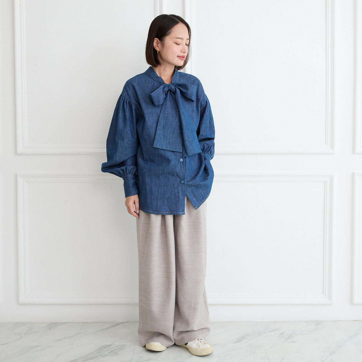 【15,800円→7,900円】前後2Way 大人のシャンブレーボウタイ ブラウス インディゴ 0757BL