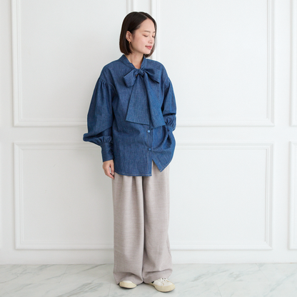 【15,800円→7,900円】前後2Way 大人のシャンブレーボウタイ ブラウス インディゴ 0757BL