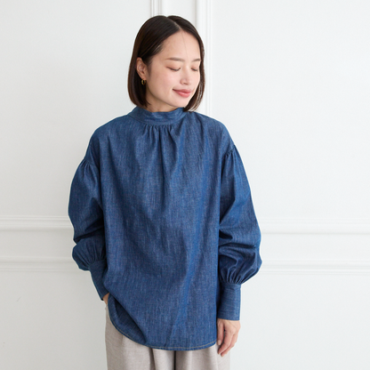 【15,800円→7,900円】前後2Way 大人のシャンブレーボウタイ ブラウス インディゴ 0757BL