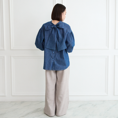 【15,800円→7,900円】前後2Way 大人のシャンブレーボウタイ ブラウス インディゴ 0757BL
