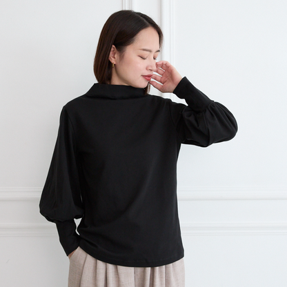 【🧵✨再販🤍🖤3サイズ】ゆとりボトルネック バルーン袖　長袖　ブラック　0261BK
