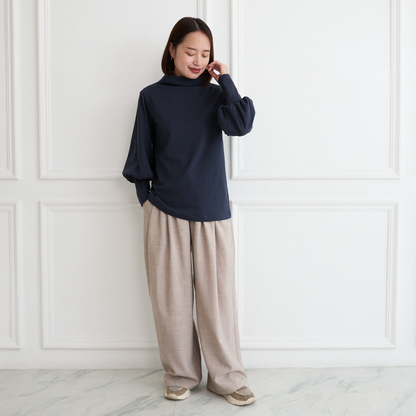 【🧵✨再販🤍🖤3サイズ】ゆとりボトルネック バルーン袖　長袖　ネイビー　0261NV