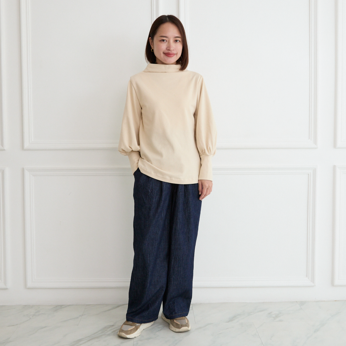 【🧵✨再販🤍🖤3サイズ】ゆとりボトルネック バルーン袖　長袖　エクリュ　0261IV