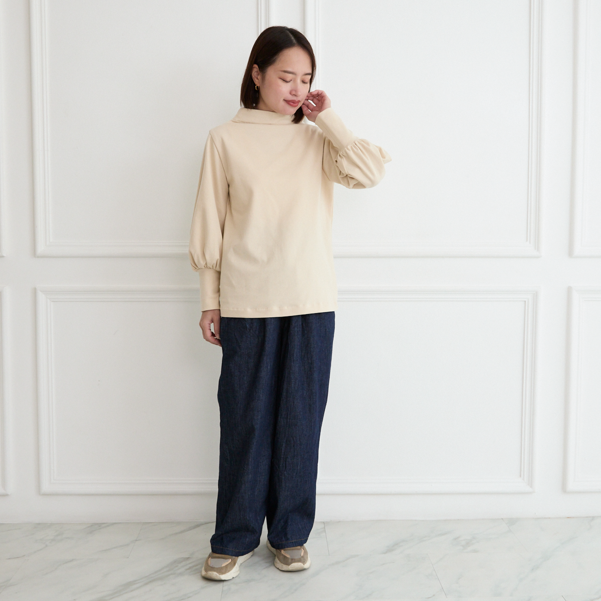 【🧵✨再販🤍🖤3サイズ】ゆとりボトルネック バルーン袖　長袖　エクリュ　0261IV
