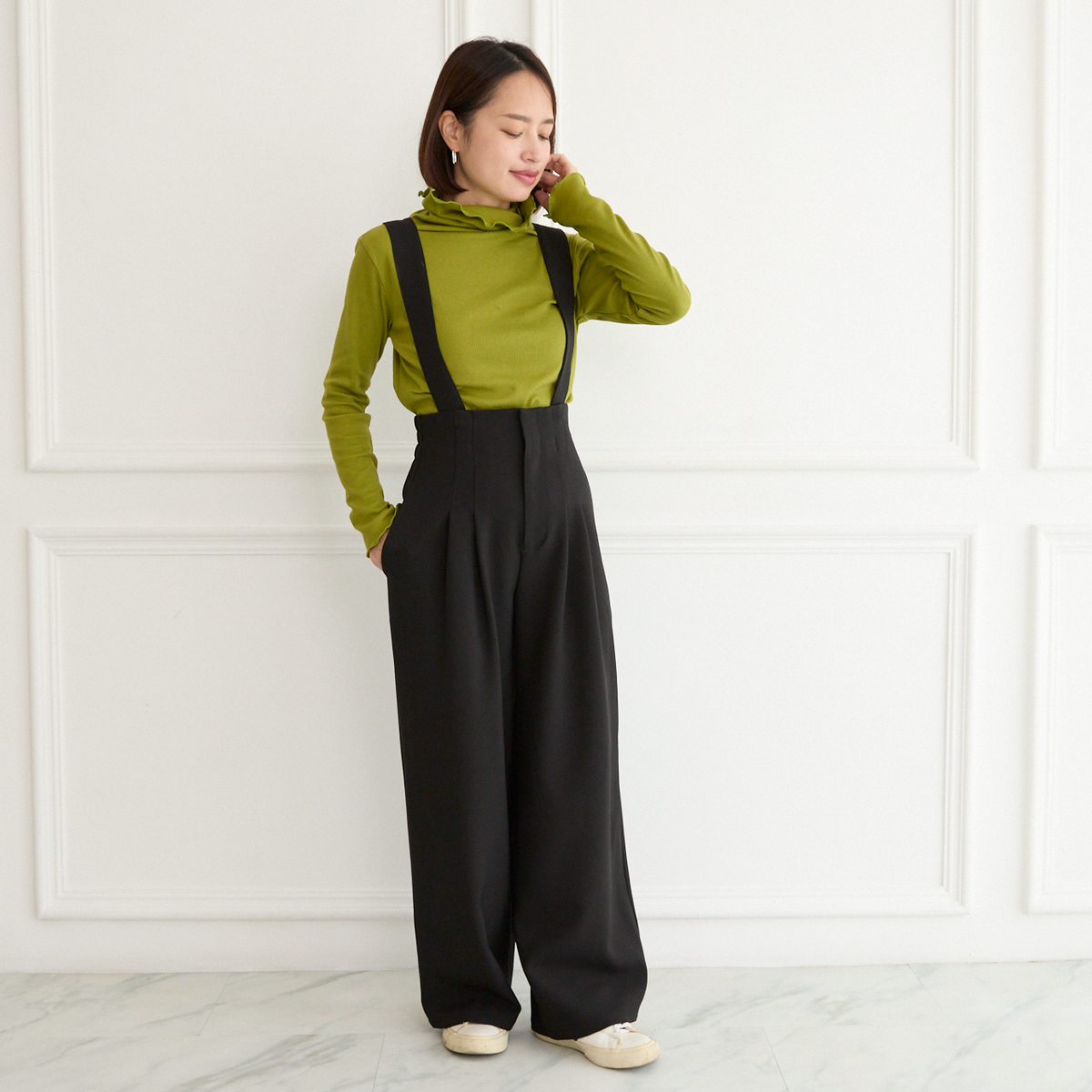 【3サイズ】着回し抜群 肩紐を取り外せる 2Way 大人女子なハイウエストサロペット　ブラック　0634BK