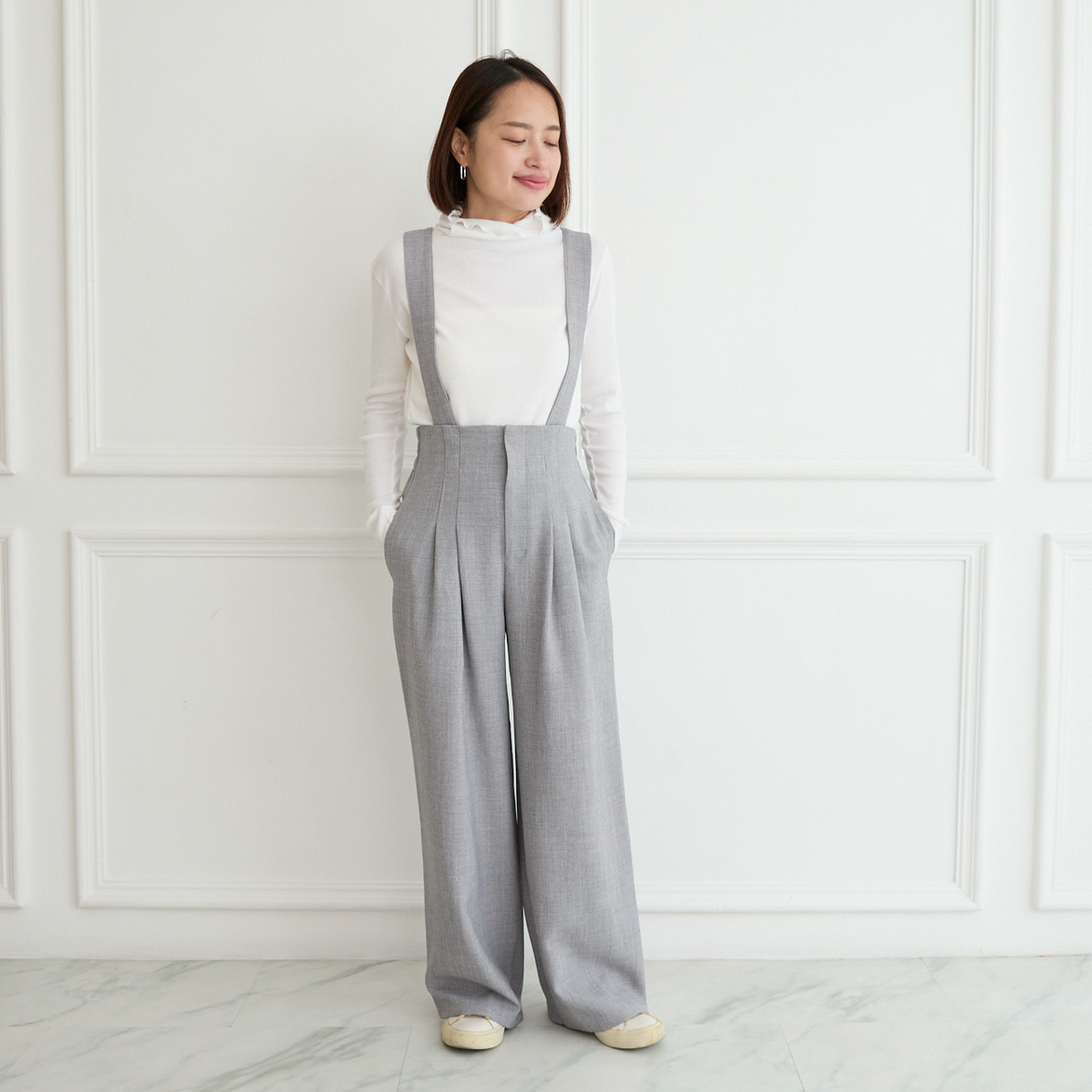 【3サイズ】着回し抜群 肩紐を取り外せる 2Way 大人女子なハイウエストサロペット　グレー　0634Grey