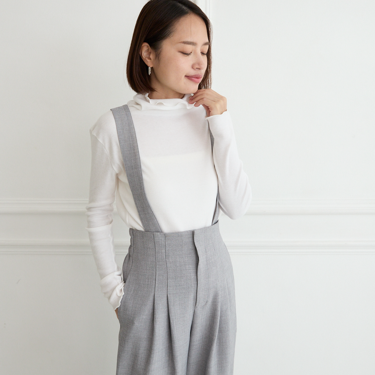 【3サイズ】着回し抜群 肩紐を取り外せる 2Way 大人女子なハイウエストサロペット　グレー　0634Grey