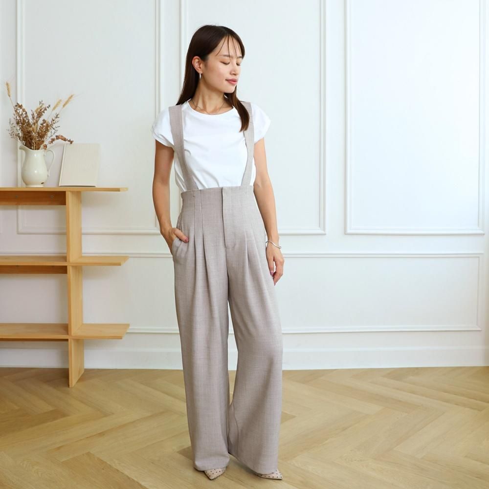 【3サイズ】着回し抜群 肩紐を取り外せる 2Way 大人女子なハイウエストサロペット　ベージュ　0634BE