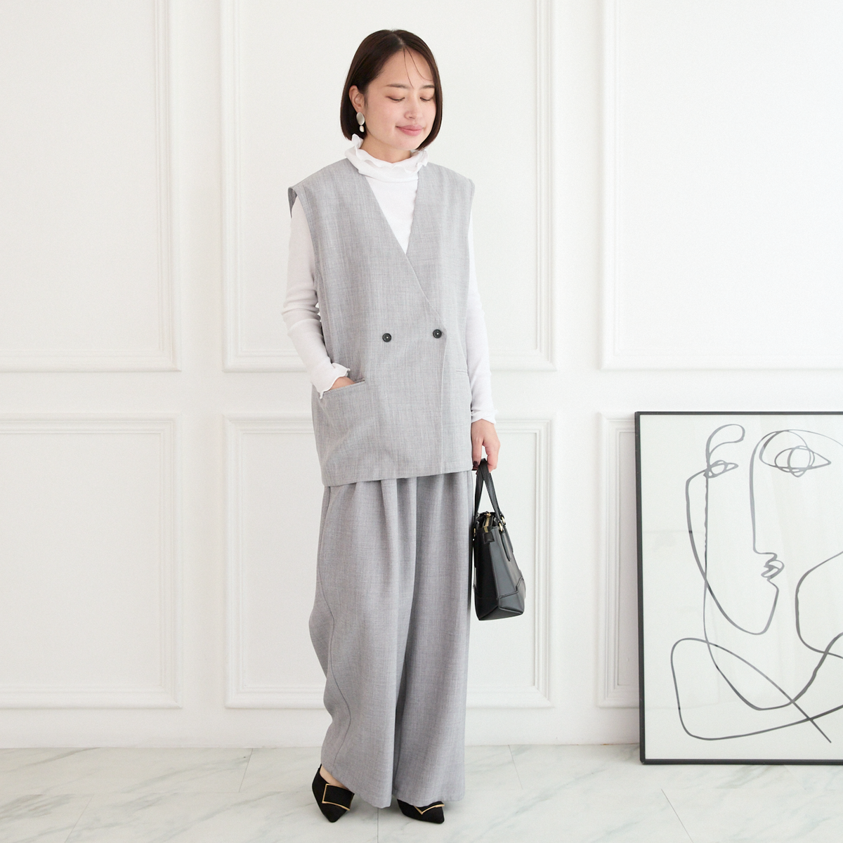 【洗える】エアリーな着こなし バックスリット デザイン ジレ　グレー　0659Grey