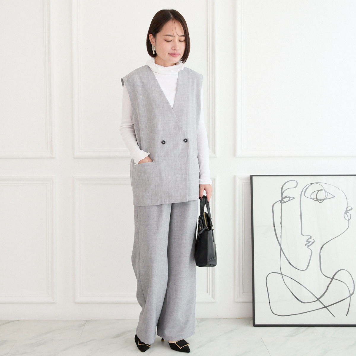 【バックスリットジレ＆パンツ セット】サラサラ素材✨シワになりにくい バックスリットジレと美脚パンツ セット グレー