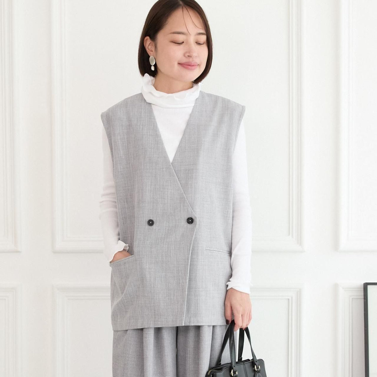 【バックスリットジレ＆パンツ セット】サラサラ素材✨シワになりにくい バックスリットジレと美脚パンツ セット グレー