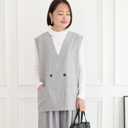 【バックスリットジレ＆パンツ セット】サラサラ素材✨シワになりにくい バックスリットジレと美脚パンツ セット グレー
