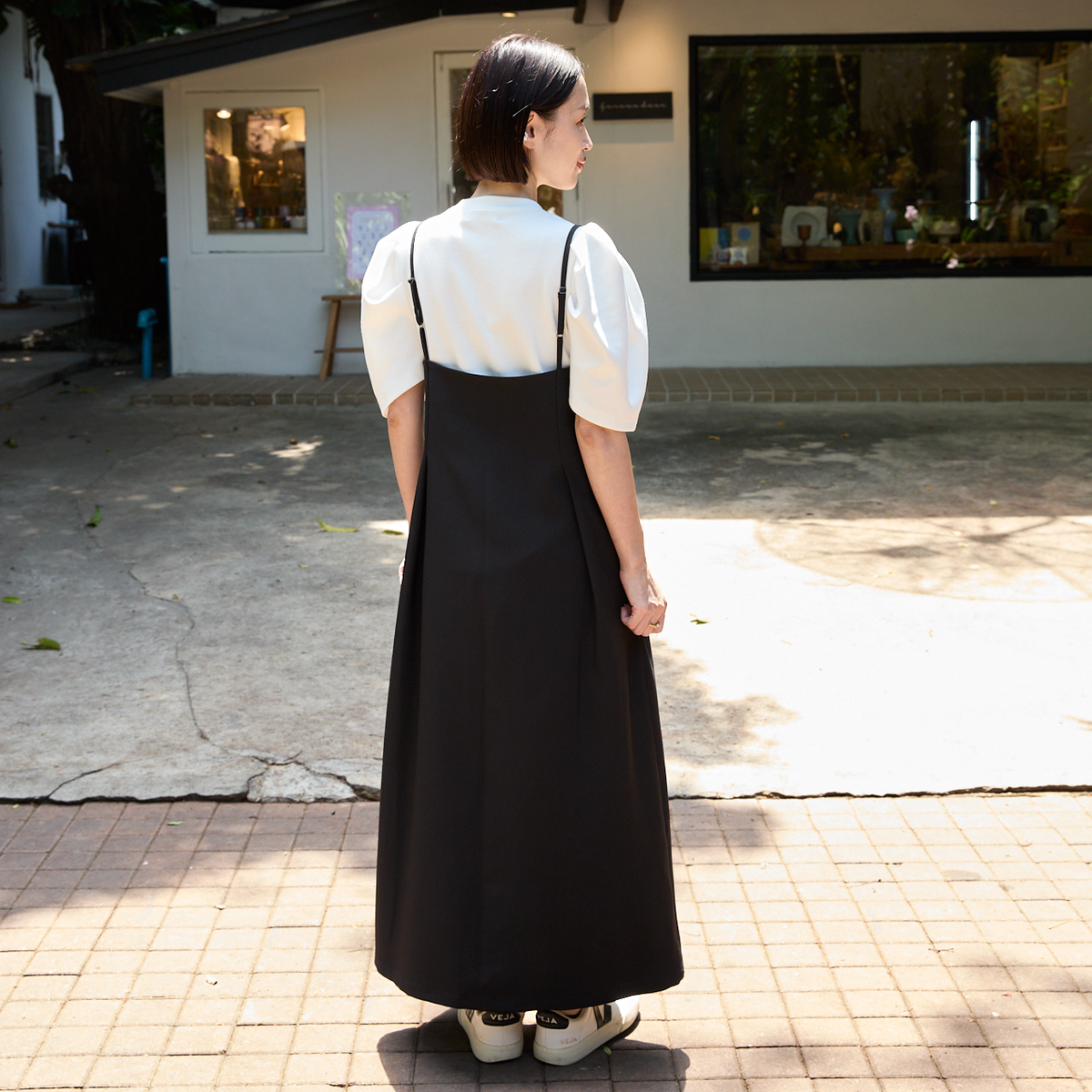 【着丈調整可能/洗える】 シワになりにくい レイヤード キャミワンピース　ブラック　0712BK
