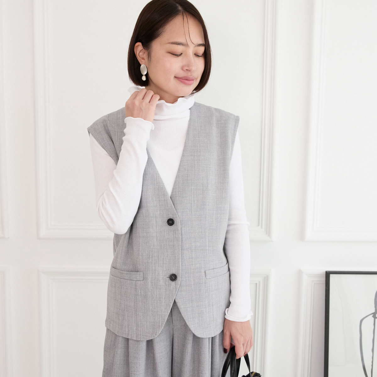 美シルエット✨ 体型カバー効果 サラサラ素材 ジレ　グレー　0746Grey