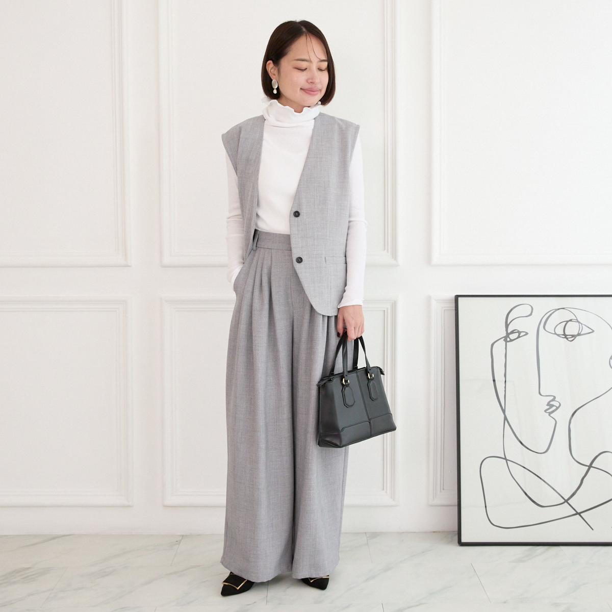 美シルエット✨ 体型カバー効果 サラサラ素材 ジレ　グレー　0746Grey