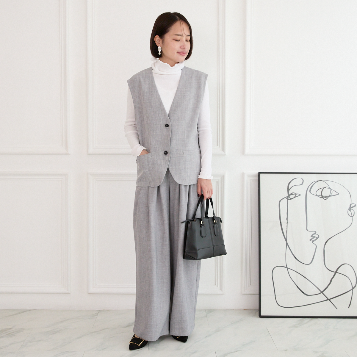 美シルエット✨ 体型カバー効果 サラサラ素材 ジレ　グレー　0746Grey