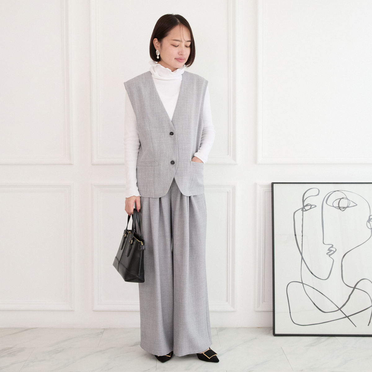 美シルエット✨ 体型カバー効果 サラサラ素材 ジレ　グレー　0746Grey