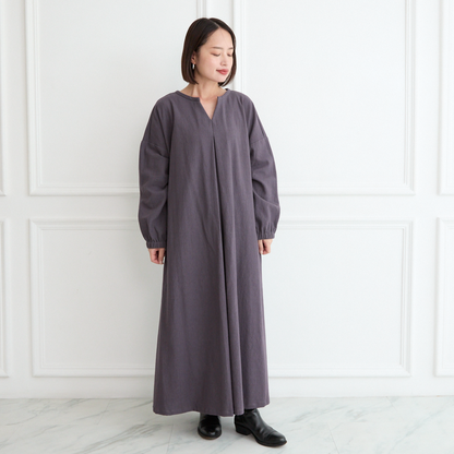 【着丈調整可能】体型カバー 身幅ゆったり コットン キーネック 長袖 ワンピース　レトロパープル　0762R.Pp