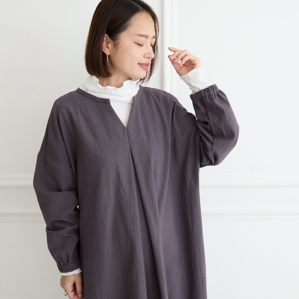 【着丈調整可能】体型カバー 身幅ゆったり コットン キーネック 長袖 ワンピース　レトロパープル　0762R.Pp