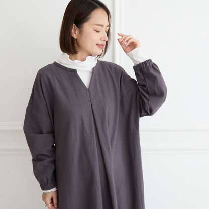 【着丈調整可能】体型カバー 身幅ゆったり コットン キーネック 長袖 ワンピース　レトロパープル　0762R.Pp