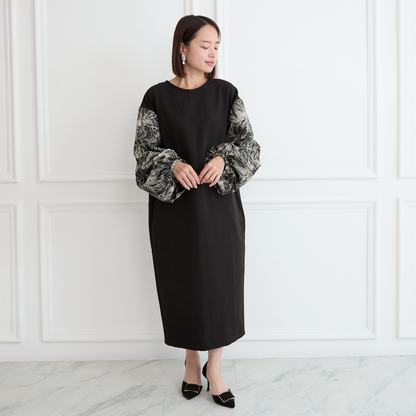 【🧵✨丈調整できる🤍🖤】立体感ある大人の花柄ジャガード 異素材バルーン袖 ワンピース　ブラック　0772BK