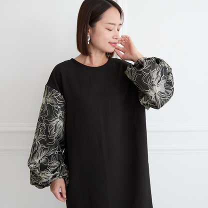 【🧵✨丈調整できる🤍🖤】立体感ある大人の花柄ジャガード 異素材バルーン袖 ワンピース　ブラック　0772BK