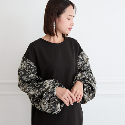 【🧵✨丈調整できる🤍🖤】立体感ある大人の花柄ジャガード 異素材バルーン袖 ワンピース　ブラック　0772BK