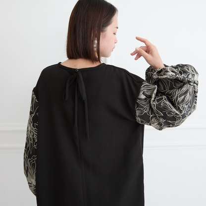 【🧵✨丈調整できる🤍🖤】立体感ある大人の花柄ジャガード 異素材バルーン袖 ワンピース　ブラック　0772BK