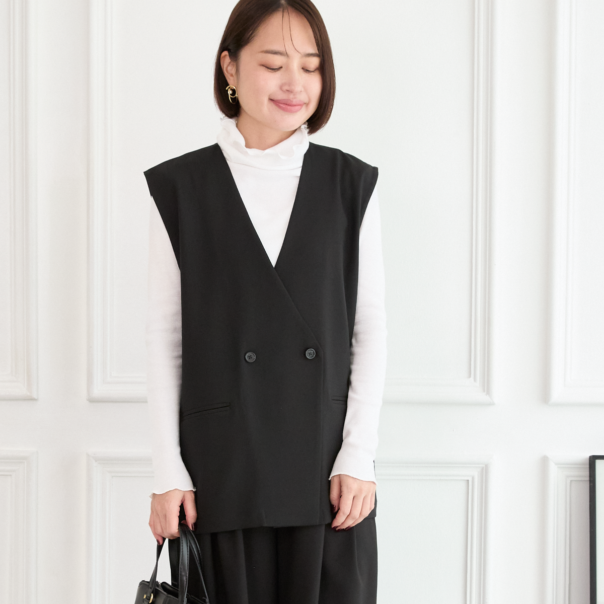 【バックスリットジレ＆パンツ セット】サラサラ素材✨シワになりにくい バックスリットジレと美脚パンツ セット ブラック