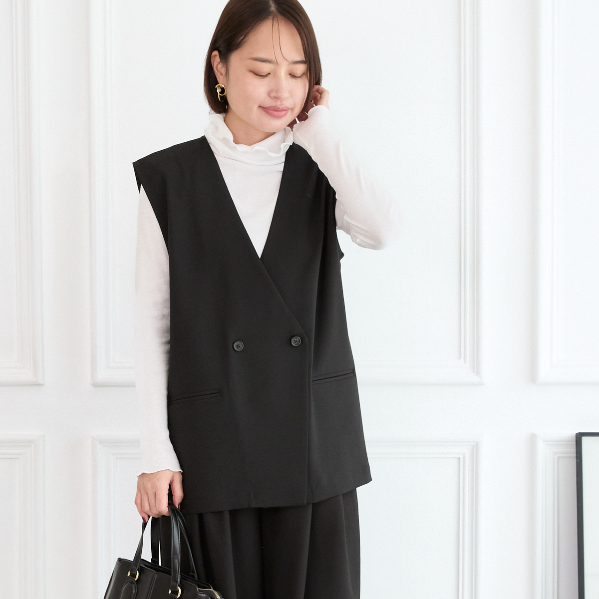 【バックスリットジレ＆パンツ セット】サラサラ素材✨シワになりにくい バックスリットジレと美脚パンツ セット ブラック