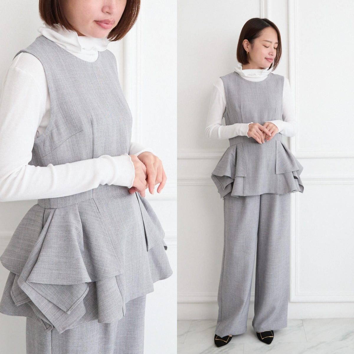 【セットアップ】サラサラ素材✨1年中着まわせる タックフレアラッフルと美脚パンツ セット グレー