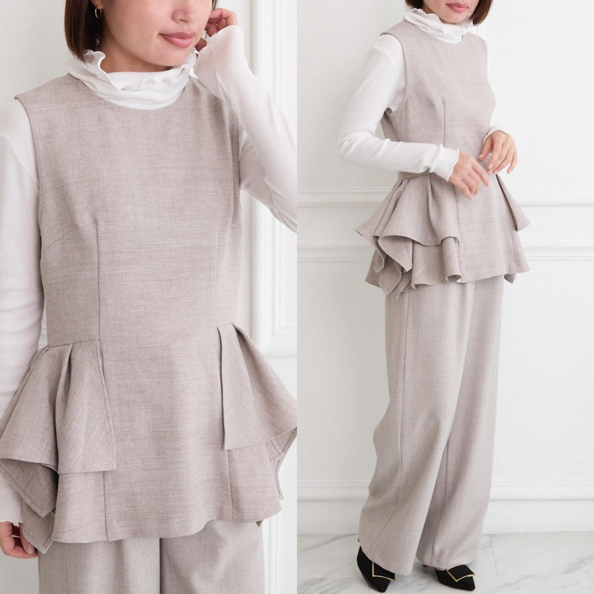 【セットアップ】サラサラ素材✨1年中着まわせる タックフレアラッフルと美脚パンツ セット ベージュ