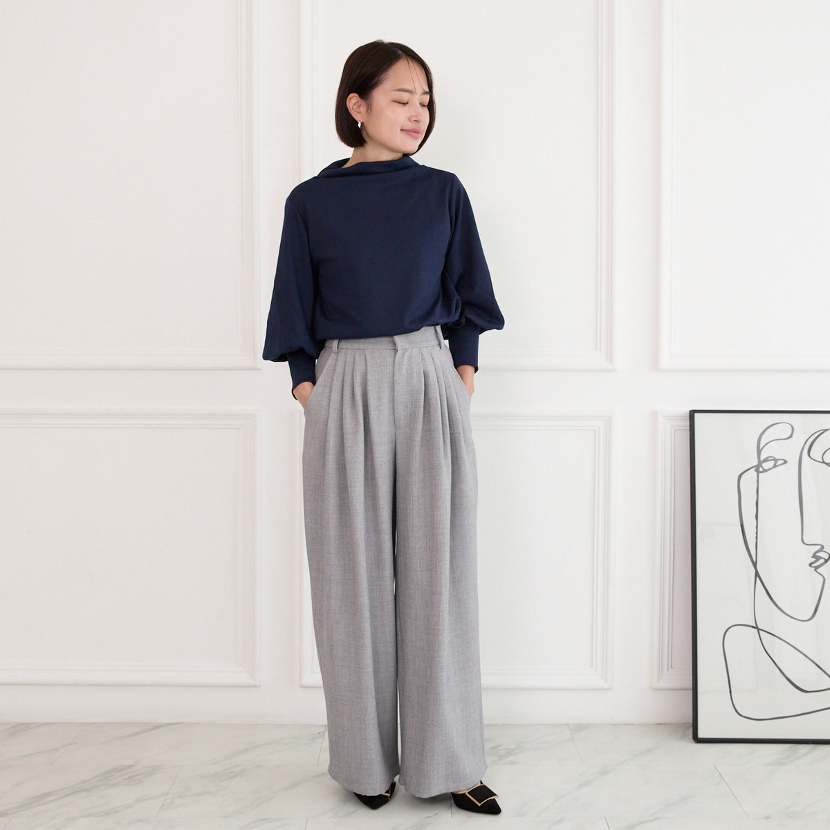 【着回しが効くセットアップ】美シルエット✨ サラサラ素材 ジレとプリーツワイドパンツ セット グレー