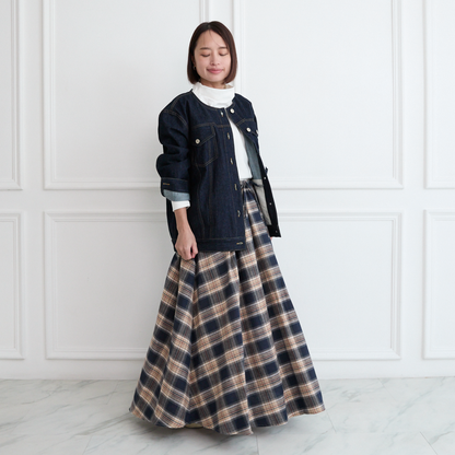 【丈調整できる🧵✨】春まで◎肌触りの良いチェック柄 ウエストゴム フレアスカート　ネイビー　0786NV