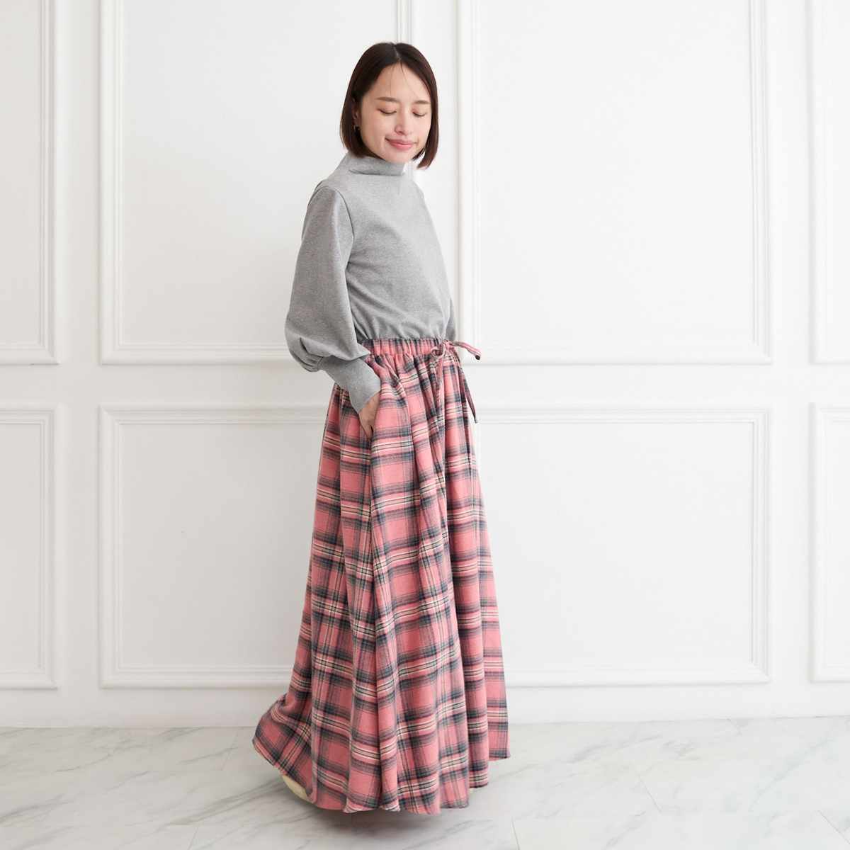 【丈調整できる🧵✨】春まで◎肌触りの良いチェック柄 ウエストゴム フレアスカート　ピンク　0786PK
