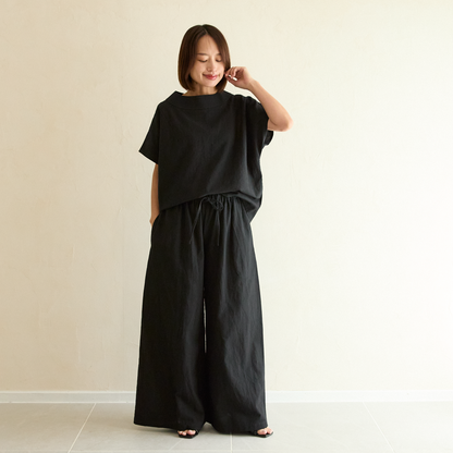 気どらずオシャレ✨ ボトルネックブラウス＆ワイドパンツ 水通しコットンセットアップ 　ブラック